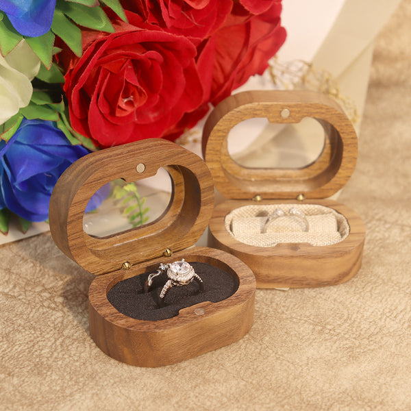 Walnut Handmade Oval Ring Box with Acrylic Window